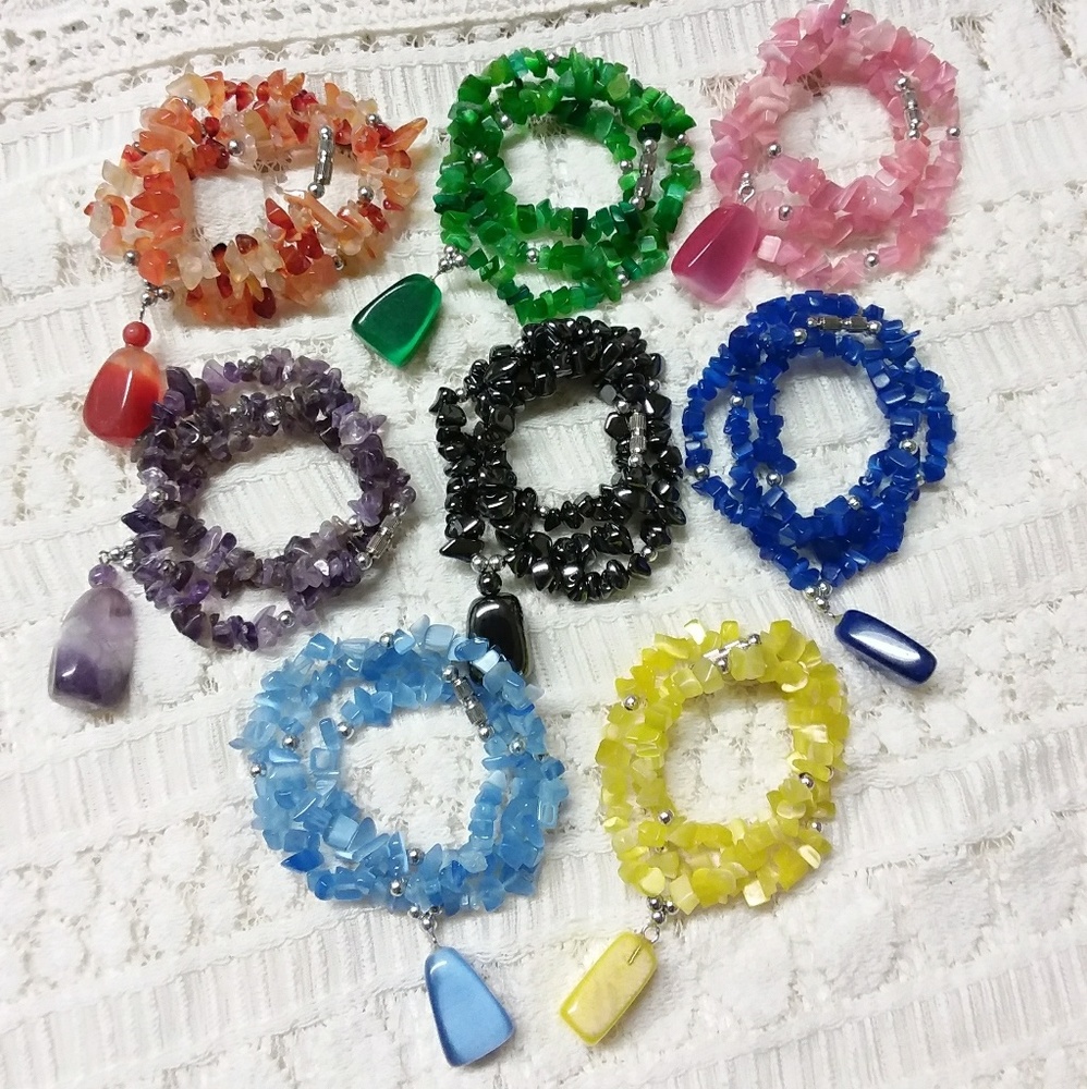 8 Semi Precious Vibrant Color Stone Chip Necklaces Lot